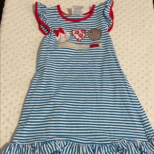 Girls Blue & White Striped Casual Dress with Red Trim and Baseball Patch Accents